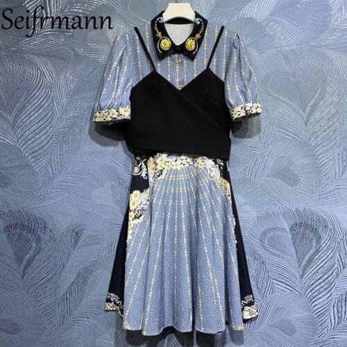 Seifrmann New 2021 Summer Women Fashion Runway Party Midi Dress Sexy Black Spaghetti Strap + Elegant Floral Print A-Line Dresses