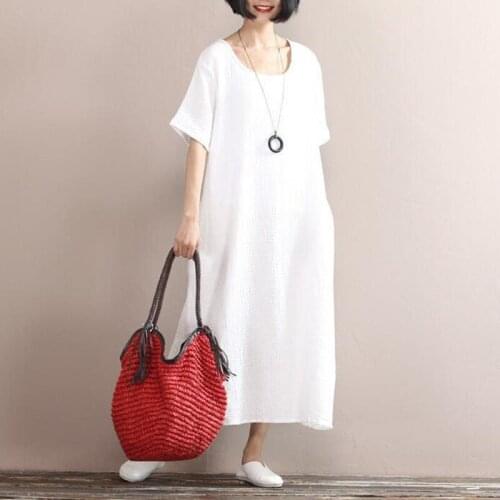 Women Solid Cotton Linen Vintage Dress Large Size Loose Soft Long Maxi Dress Plus Size Lady Casual Dress Short Sleeves M-5XL 6XL