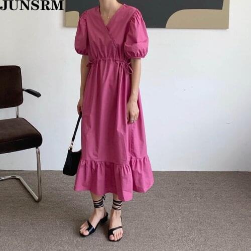 Elegant Solid V-Neck Party A-Line Dresses For Women 2020 New Chic Korean Puff Sleeve Fishtail Long Dress Summer Sundress Vestido
