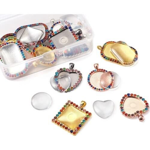 1Set Mix Shapes Rhinestone Cabochon Settings Glass Cabochon Tray Blank Pendant Base Fit DIY Necklace Jewelry Making Accessories