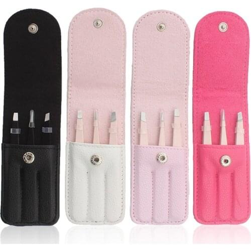 3pcs Set Professional Eyelash Tweezers Ingrown Hair Removal Tool Extraction Stainless Steel Portable Eyebrow Clips With Pink Bag
