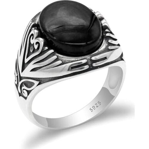 925 Sterling Silver Black Agate Ring for Men Big Natural Stone Vintage Rings Love Heart Jewelry for Male Husband Birthday Gift