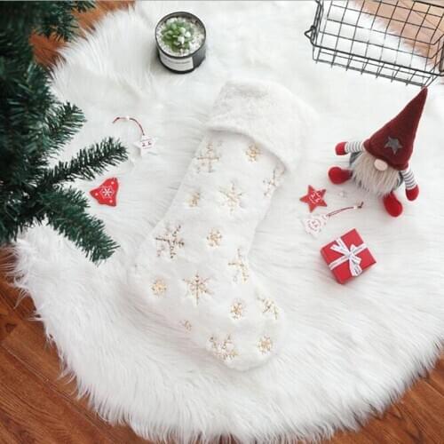 Snowflakes Embroidered White Plush Christmas Stockings Gifts Bag Hanging Loops Xmas Tree Fireplace Candy Socks Christmas Decor