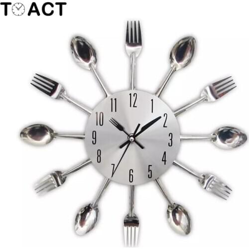 Large Wall Clock For Kitchen Knife And Fork Spoon Clocks Stainless Steel Modern Design Living Room Quartz Home Watches