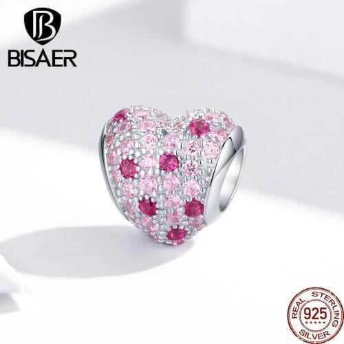 Love Heart Beads BISAER 925 Sterling Silver Pink Cubic Zircon Love Heart Charms fit Beads Bracelets Silver 925 Jewelry EFC118