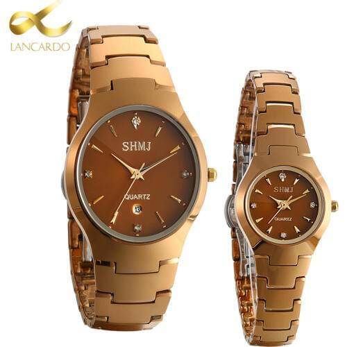 Lancardo New Luxury Brand Lovers Watch Men Women Dress Calendar Quartz Watches Coffee Color Tungsten Steel Waterproof Watch