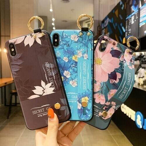 Wrist Strap Case For Iphone 12 11 Pro Max X XR XS Max 6 6S 7 8 Plus SE 2020 Secret Garden Soft TPU Phone Holder Cover Stand Capa