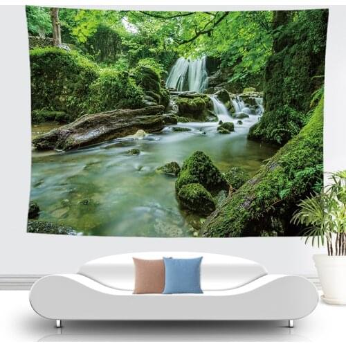 Nature Stream Waterfall Tapestry Wall Forest Tree Mountain Psychedelic Tapiz Boho Decor Farmhouse Kitchen Living Room Decor Home