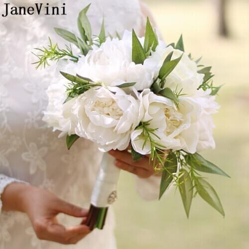 JaneVini 2021 White Wedding Flowers Bridal Bouquets Artificial Rose Peonies Wedding Bouquet Pivoine Ramo Peonias Artificiales