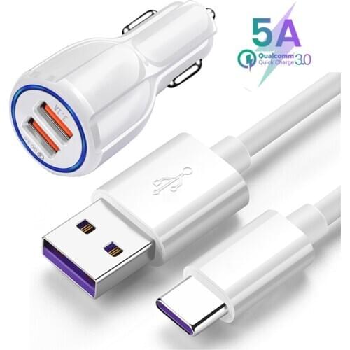 5A Type C Super Charge Cable QC 3.0 Fast Charging Car Charger For Samsung A70 A80 A90 Note 20 10 9 Xiaomi 9 9T Redmi Note 9 8 8T