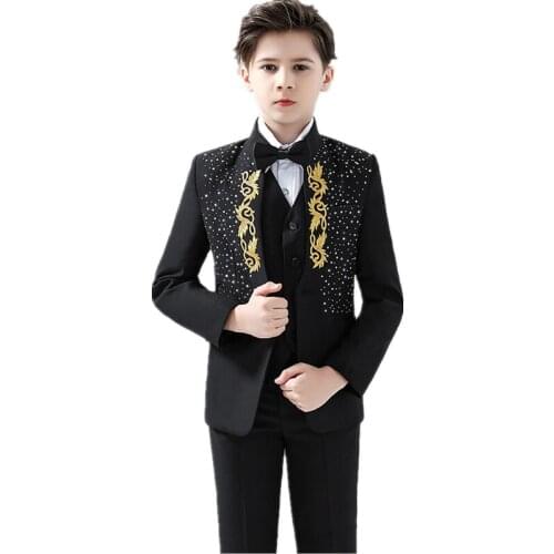 Boys Suits 5-PCS Set Dress Suits Blazer + Pant + Shirt+ Vest +Bowtie Floral Boys Wedding Suit Kids Formal Party Suit