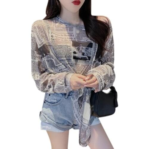 Summer Newspaper Mesh Sun Sunscreen Women T-shirt Thin Section Long Sleeve Tee Shirt