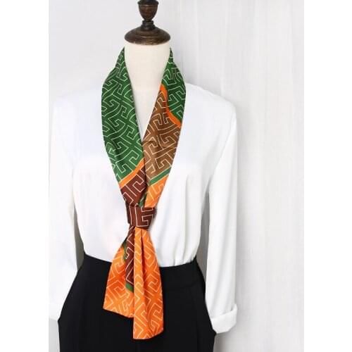 Geometric Printed Women Multi Purpose Career Apparel Decoration Small Narrow Imitated Silk Neckerchief Tie Long Scarf