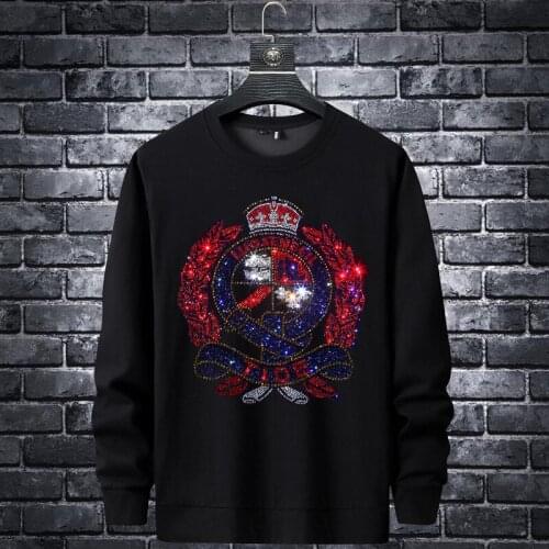 Fashion 2021 Badge Rhinestones Men Hoodie Sweatshirt Streetwear Full O Neck Rib Sleeve Pullover Hoodie Mens Autumn Clothes 7XL