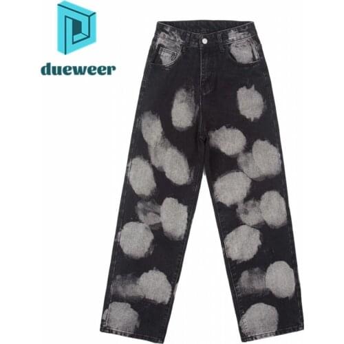 DUEWEER Mens Straight Jeans Distressed Black Tie Dye Couple Trousers Men Oversized Baggy Casual Jeans Harajuku Denim Pants