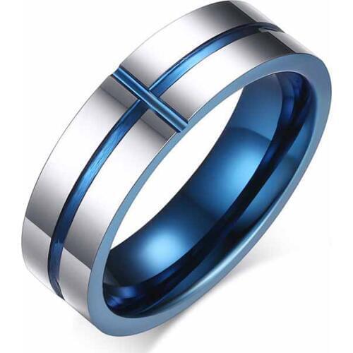EAMIOR Fashion Blue Plated Cross Tungsten Steel for Men Women Ring Jewelry Accessory Beautiful Wedding Band Anniversary Souvenir