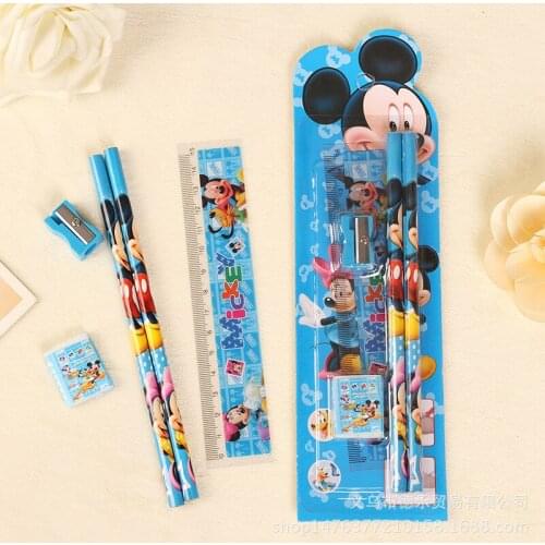 5-piece Disney Mickey Stationery Set Cartoon Pencil Eraser Pencil Sharpener Ruler Combination School Supplies Set Cute Gift