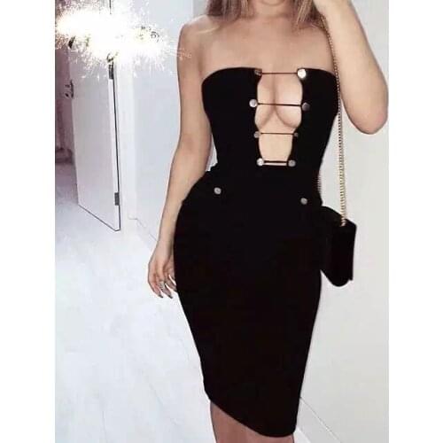 New Arrivals 2018 Slim Sexy Women Black Bandage Dress Strapless Buttons Party Bodycon Dresses