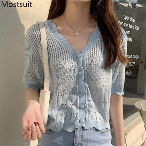Hollow Knitted Cardigan Women Summer Short Sleeve V-neck Single Breasted Thin Knitted Crop Tops Sweater Korean Fashion Jumpers