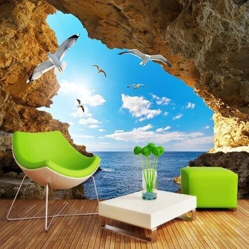 Custom Photo Mural Wall Paper 3D Sea Island Cave Blue Sky White Clouds Seagulls Large Murals Wallpaper Living Room Bedroom Decor