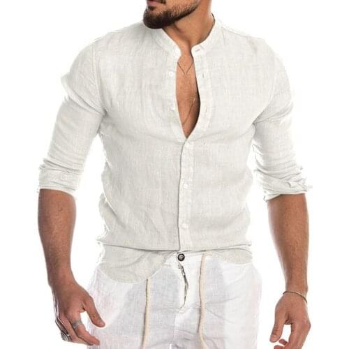 New Arrival Spring Summer Mens Long Sleeve Linen Shirt Casual V-Neck Cotton Blouse Male Solid Color Slim Fit Clothing