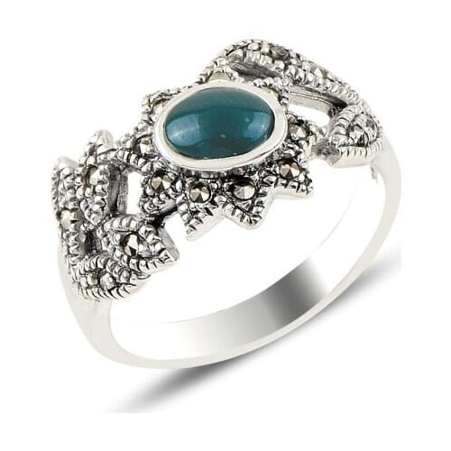 Silverlina Silver Green Agate & Marcasite Ring