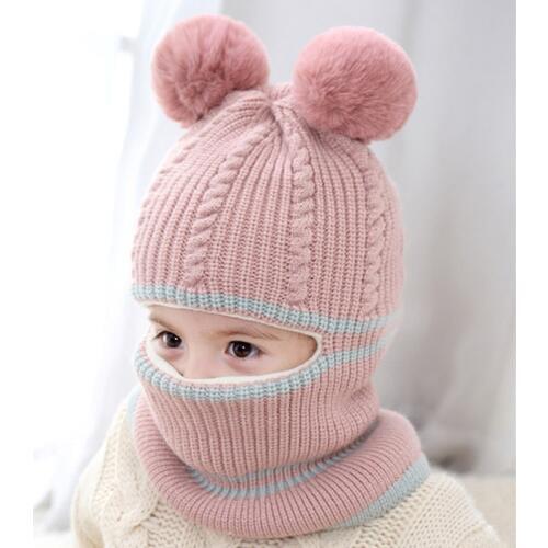 Kids Winter Warm Lining Pompom Knit Hat Hooded Neck Warmer Cap for Boys Girls 2-5yrs Beanies