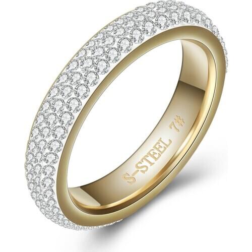 Three row clear crystal Gold Stainless steel Wedding Rings for women fashion jewelry accessories ring with Full Size