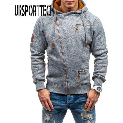 URSPORTTECH New Mens Hoodies Side-zipper New Style Fashion Long Sleeve Hooded Sweatshirts Mens Diagonal Zipper Hoodie Streetwear