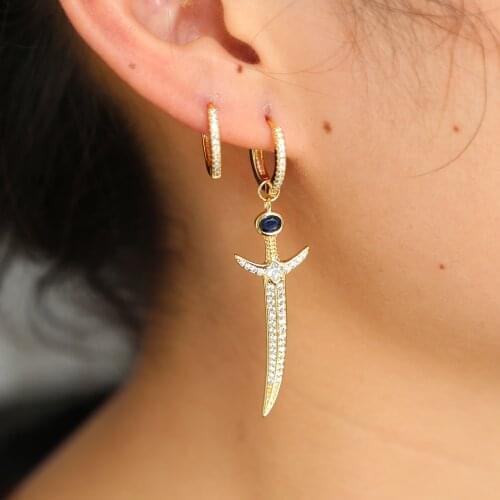 Stock free gift new arrived european women gift jewelry sword pendant circle with blue Gem dangle cz bling latest design earring