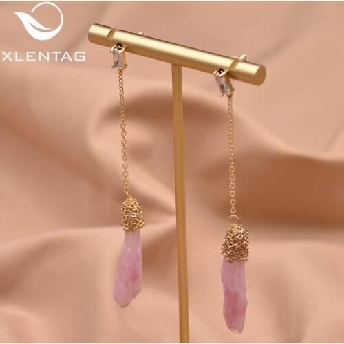 XlentAg Irregular Warter Drop Pink Crystal Rough Long Drop Earrings For Women Dangle Earrings Luxury Jewelry GE0791B