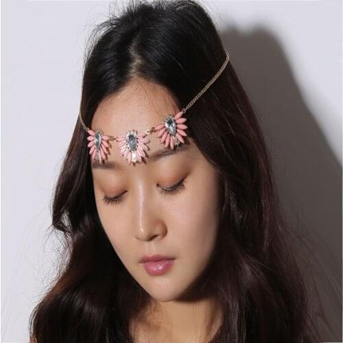 Pink Wedding Hair Head Chain Flower Crystal Hair Tassel Bridal Forehead Headband Rhinestone Vintage Headpiece For Women Jewelry