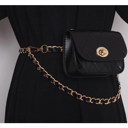 Womens Runway Fashion PU Leather Chain Bag Cummerbunds Female Dress Corsets Waistband Belts Decoration Narrow Belt TB1951