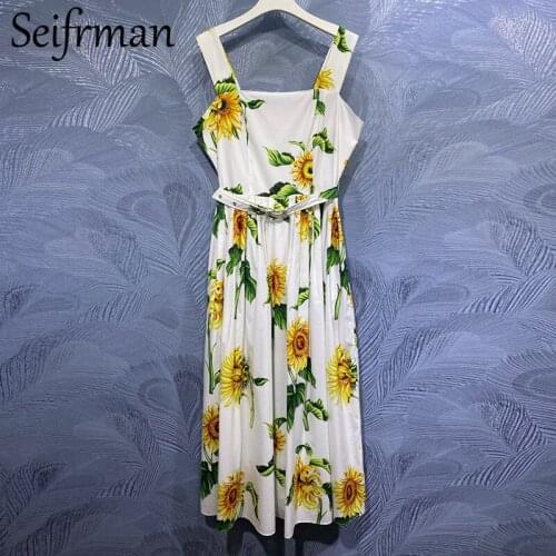 Seifrmann New 2021 Summer Women Fashion Runway Cotton Dress Sexy Spaghetti Strap Bow Sashes High Waist Print Ladies Long Dresses