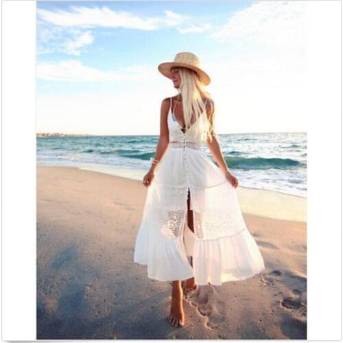 Women Fashion Sexy V-Neck Dress Women Maxi Summer BOHO Lace Beach Long Dress Ladies Evening Party Sundress