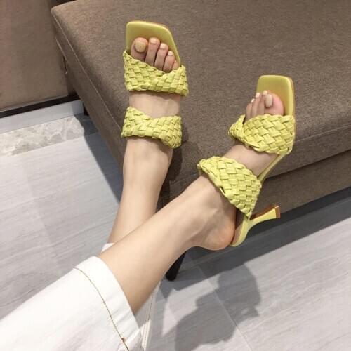 2020 New Fashion Designer Weave Knitted Women Slippers High Heels Shoes Ladies Summer Sandals Mules Shoes size 41