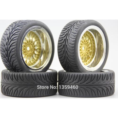 4pcs 1/10 RC Soft Rubber Touring Tire Tyre Wheel Rim Y12CG(Chrome+Painting Gold) 3/6/9mm Offset for 1:10 Touring Car 10043+21011