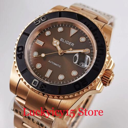 BLIGER Rose Gold Automatic Men Wristwatch Sapphire Glass Brushed Bezel Deployment Clasp MIYOTA Movement