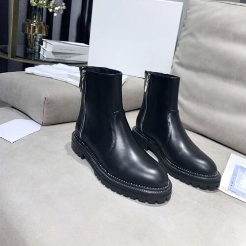 Shoes Women Autumn New Genuine Leather Motorcycle Ankle Boots Round Toe Punk Zipper Platform Designer Shoes Goth Botas Femininas