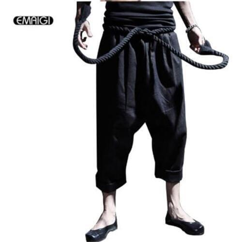 Men Fashion Punk Big Rock Crotch Pants Male Ankle Length Trousers Vintage Culottes Bloomers Linen Harem Pant Stage Costumes