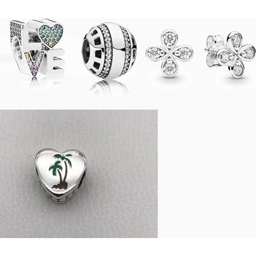 CHAMSS New 925 My Mouse Florida Exclusive Palm Tree Sunshine Heart-shaped Charm Original Lady Diy Bracelet Flower Earrings