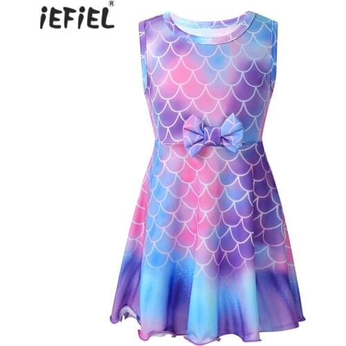 Kids Girls Sleeveless Round Neck Glossy Fish Scales Printed Mermaid Dress Halloween Dress Up Cosplay Costume Children Clothing