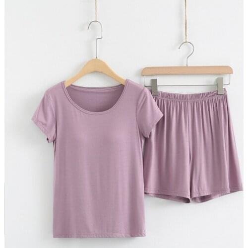 Modal Womens Short-Sleeved Pajamas Chest Pads Casual Summer Pyjamas Female Plus Size Sleepwear Set Pijama De Mujer M-3XL