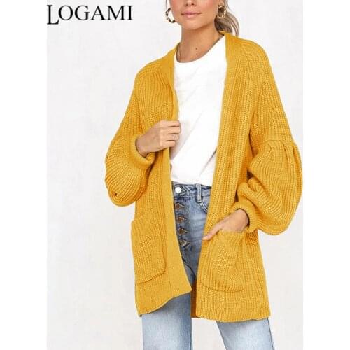LOGAMI Long Cardigan Lantern Sleeve Pocket Sweater Womens Loose Casual Cardigan Autumn Winter Coat Solid