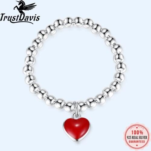 Trustdavis Minimalist Real 925 Sterling Silver Sweet Beads Red Heart Elastic Rings For Women Wedding Party S925 Jewelry DA1376