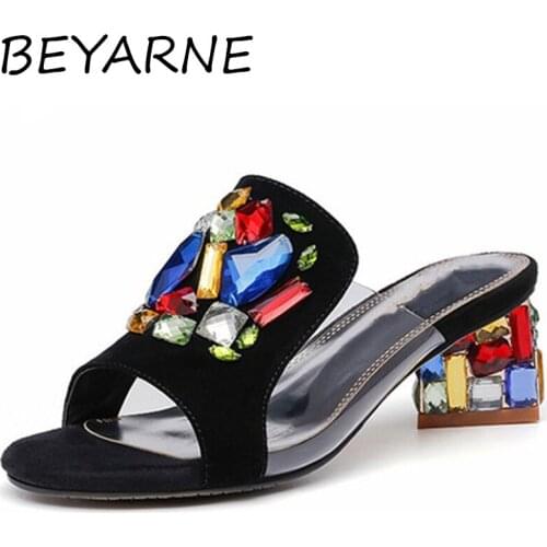 BEYARNE Leather thick heel sandals womens new style womens slippers fish mouth diamond sandals fashion womens shoes