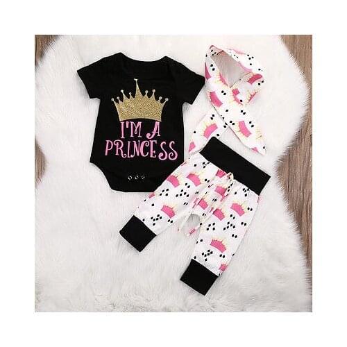 Hot 3pcs Crown Baby Clothes Set Infant Toddler Kids Baby Girls Crown short sleeve Rompers Pants Leggings Outfits Set