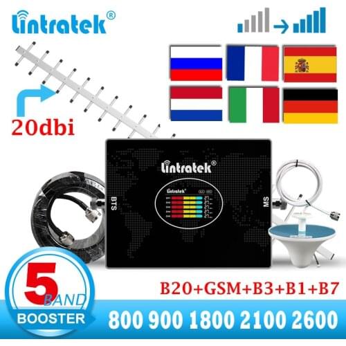 Lintratek 5 Band Cellular Signal Booster Amplifier LTE 4G 800 900 1800 2100 2600 B7 GSM 2G 3G 4G Repeater 20dBi yagi antenna kit