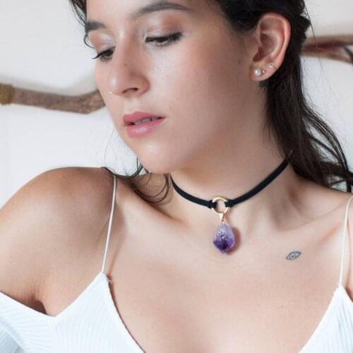 Amethyst Choker Necklace, Raw Crystal Choker Pendant, Gemstone Jewelry Healing Crystals and Stones