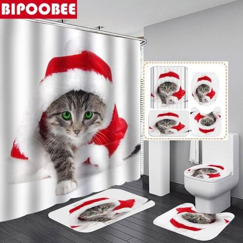 Merry Christmas Shower Curtain Funny Cat Print Bathroom Curtains Toilet Seat Cover Rugs Pedestal Non-slip Carpet Bath Mat